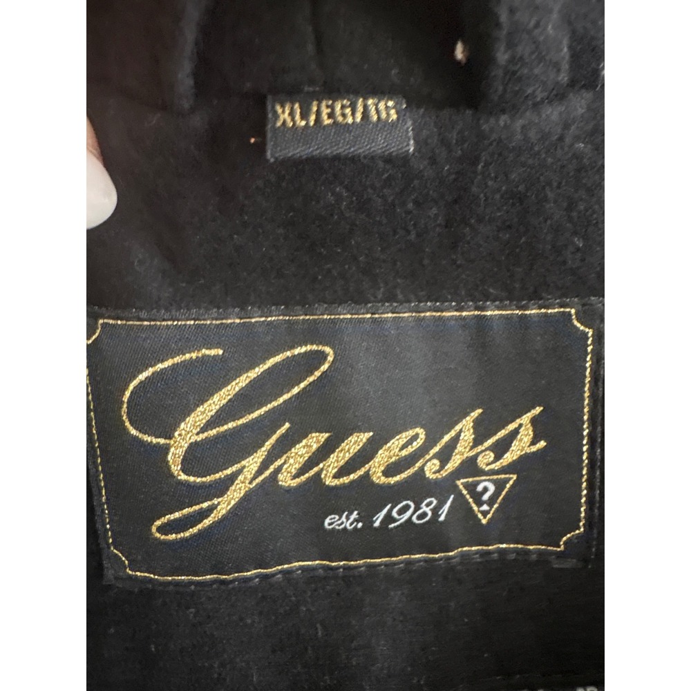 Vintage Guess Black Wool Blend Double Breasted Trench Coat Gold Buttons XL - Picture 8 of 11